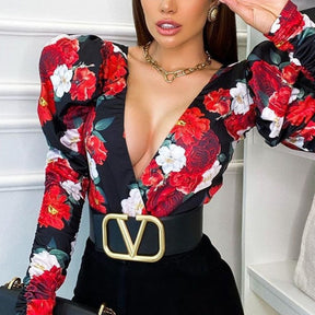 Spring Elegant Boho Print Bodysuits Rompers Women Jumpsuits Puff Sleeve Skinny Sexy V-neck