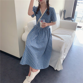 Women Summer V Neck Jacquard Floral Long Dress High Waist Short Sleeve Exquisite Midi Dresses