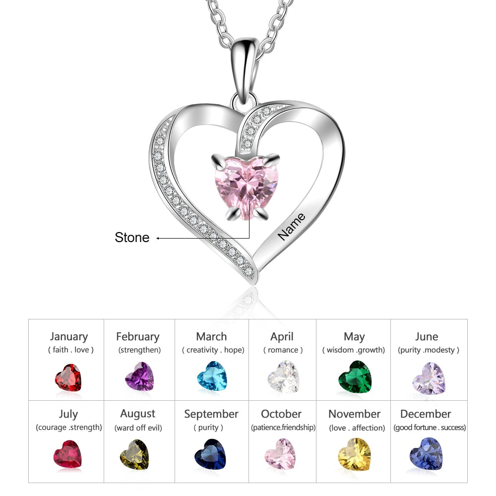 Engrave Name Heart Pendants with Customize Birthstone Necklace