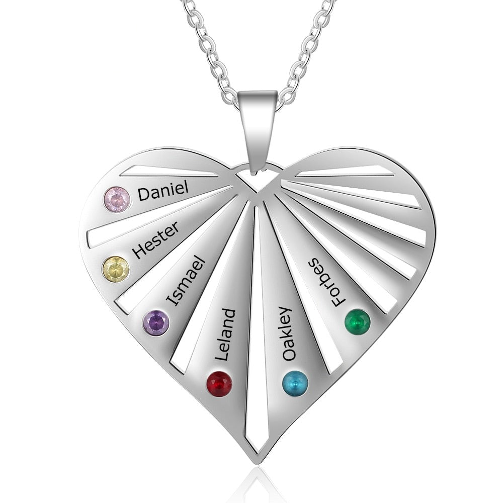 Personalized 6 Birthstones Necklaces for Women Custom Name Heart Stainless Steel Pendant