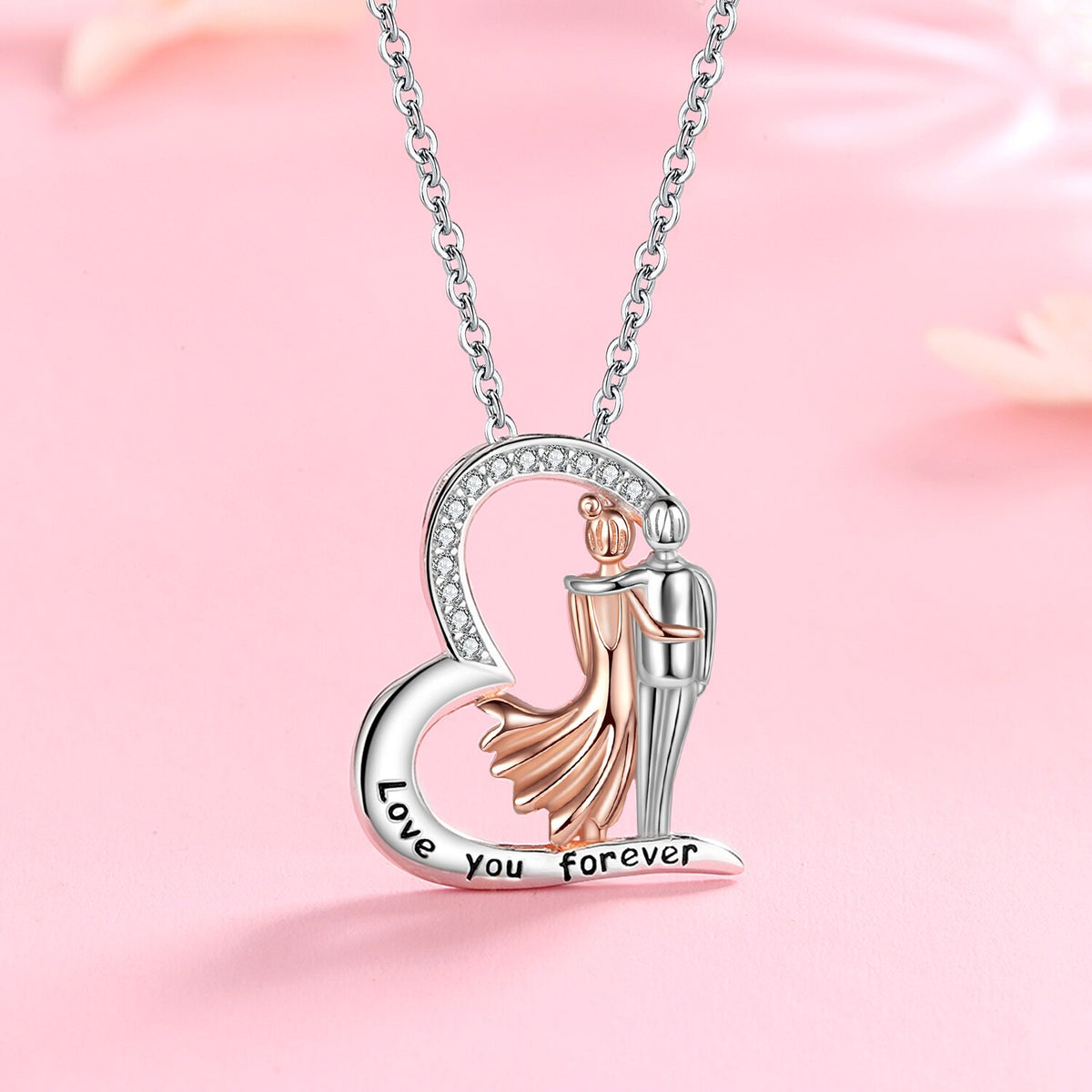 Coppia di rose Cuore Amore Ciondolo Catena Argento 925 Marito abbracciato Moglie Collana per le donne Gioielleria raffinata 2021 Regalo di San Valentino