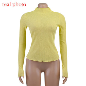 Elegant See Through Long Sleeve Mock Neck Women Tops Fashion Streetwear T-Shirts