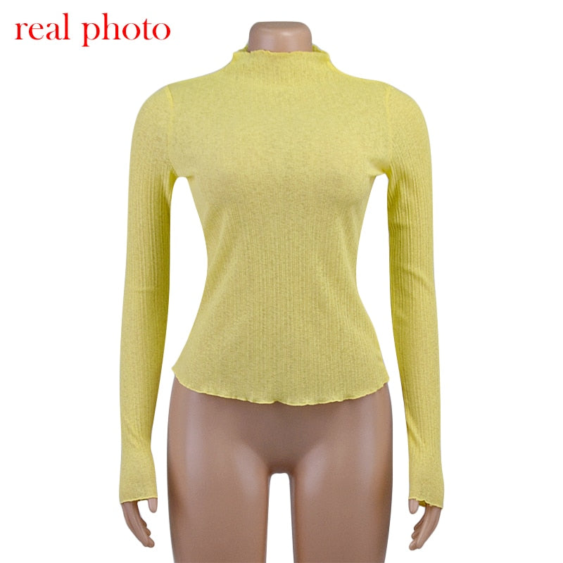 Elegant See Through Long Sleeve Mock Neck Women Tops Fashion Streetwear T-Shirts