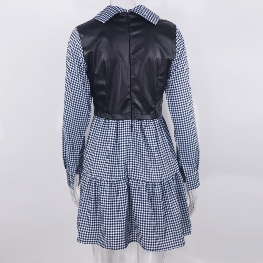 Langarm-Mini-Hemdkleid für Frauen Weiß 2022 Frühlings-PU-Leder-Patchwork-Plaid-Kleider