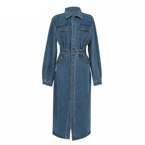 Denim Dress Full Sleeve Single-breasted Pockets Slim Waist Mid-length