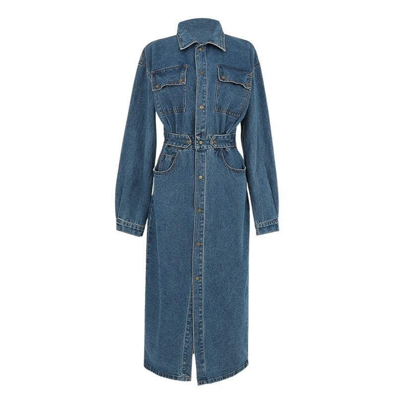 Denim-Kleid, volle Ärmel, einreihig, Taschen, schmale Taille, mittellang