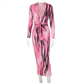 tie dye print women midi dress long sleeve bodycon sexy bandage bodycon