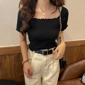 Women Off Shoulder T-shirts Knitted Ruffles Hem Crop Tops Short Sleeve T-shirts