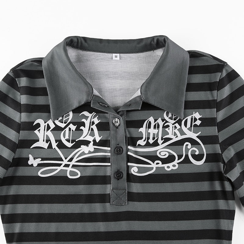 Goth Print Tops Stripe Cute T-Shirts Dark Academia Techwear Button Up V Neck Half Sleeve Sweat Shirts