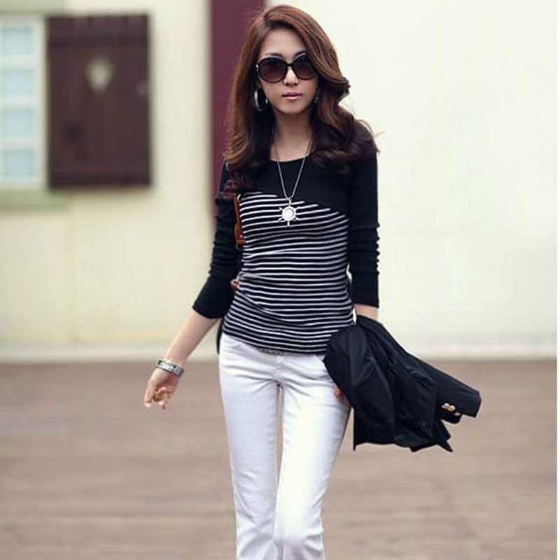 Spring-autumn new all-match Slim pullover striped stitching T-shirt long-sleeved bottoming shirt