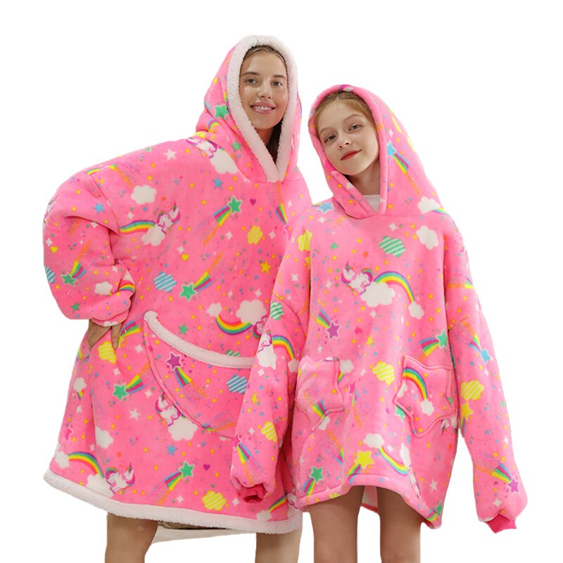 Printed Wearable Blanket Hoodie Fleece Warm Kids Sleepwear Hoody Sweatshirt