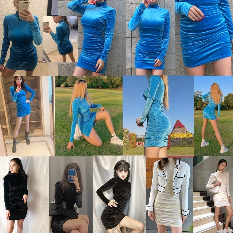 Bodycon Velvet Mini Dress Women Long Sleeve High Neck Party Dresses Female Velvet Sheath Dress