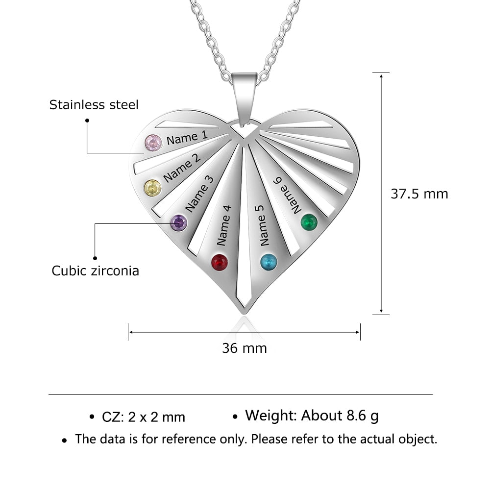 Personalized 6 Birthstones Necklaces for Women Custom Name Heart Stainless Steel Pendant