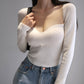 Magliette lavorate a maglia con scollo quadrato vintage francese da donna T-shirt pullover a maniche lunghe skinny da donna
