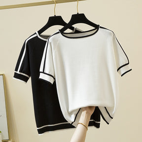 Thin Knitted T Shirt Women Short Sleeve Summer Tops Woman Clothes Striped Fashion T-Shirt