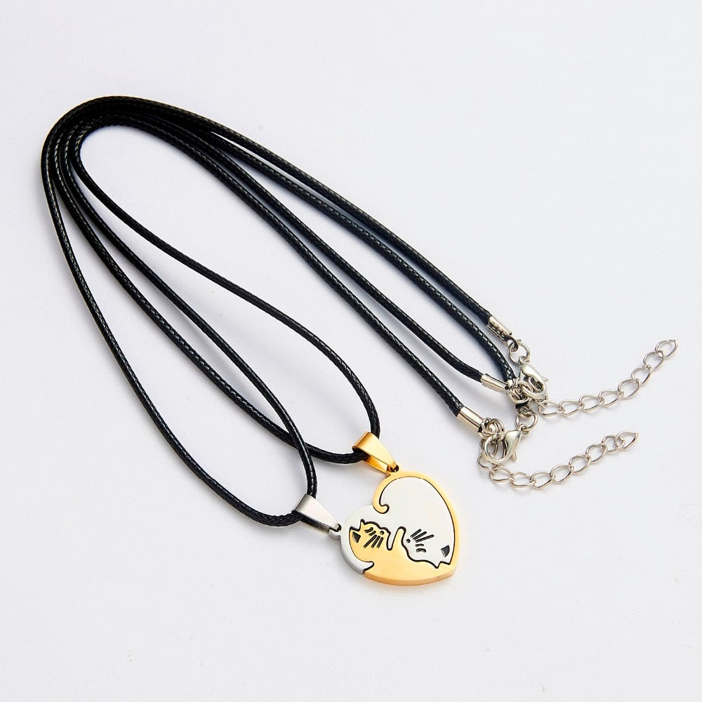 Collana con cuciture a forma di gatto bianco nero Amicizia a forma di cuore Gioielli in coppia con gatto bianco in oro