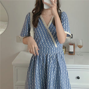 Women Summer V Neck Jacquard Floral Long Dress High Waist Short Sleeve Exquisite Midi Dresses