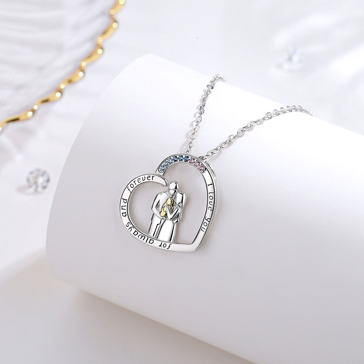 925 Silver Mom Dad Baby Gold Pendant Family Embraces Necklace