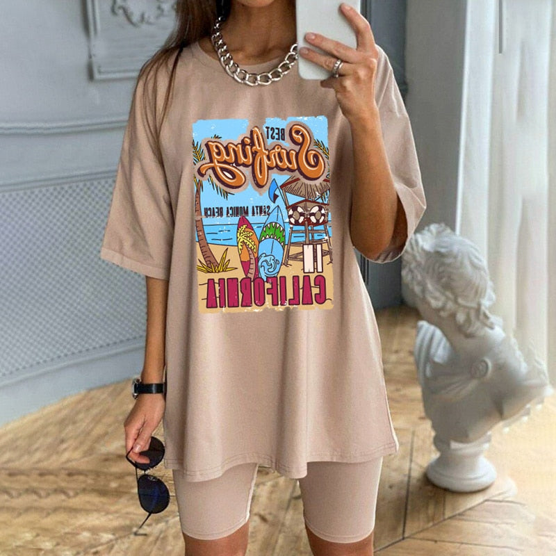 1 Stück weiße T-Shirts, Sommer, lässig, übergroßes T-Shirt, bestes Surfen, Santa Monica, Kalifornien, Damen, Retro-Stil