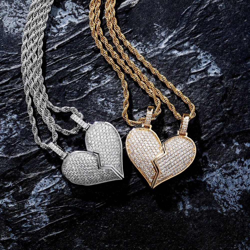 Heart Broken With Magnet Iced Out Pendant Necklace Mens/Women Hip Hop Gold Silver Color Jewelry