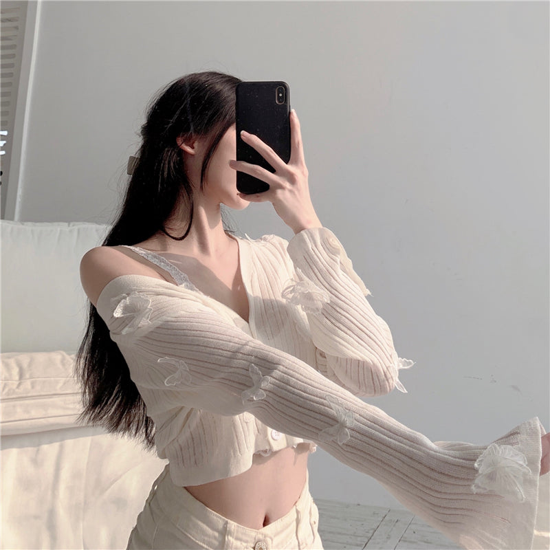 Butterfly Knit Cardigans Women V-Neck Crop Tops Ladies Summer Thin Long Sleeved