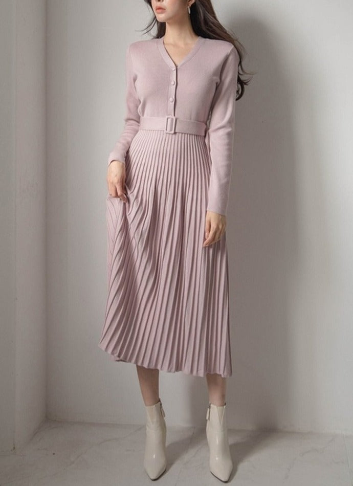 V-neck Single-breasted Women Thicken Sweater Dress Knitted Belted Female A-line soft dresses