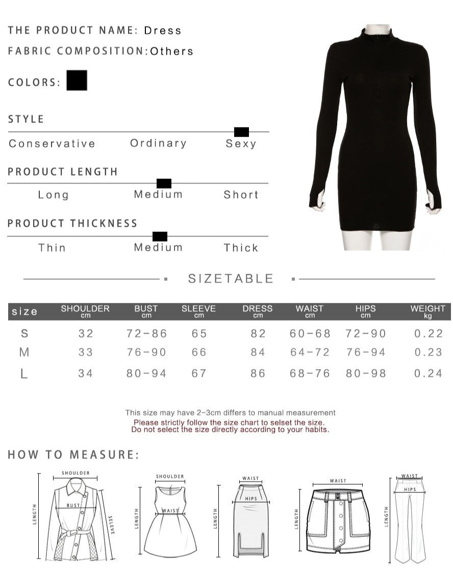 Spring Autumn Stretch Slim Soft Ribbed Knitted Turtleneck Casual Bodycon Zip Dress