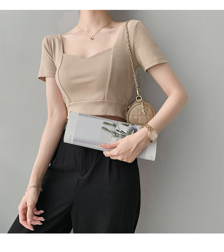 French Clavicle Square Collar Tops Women High Waist Croped Top Short Sleeve T-shirt Female