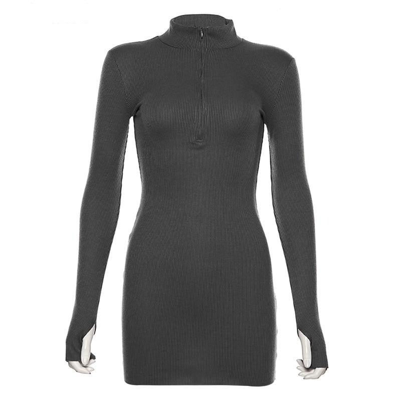 Spring Autumn Stretch Slim Soft Ribbed Knitted Turtleneck Casual Bodycon Zip Dress