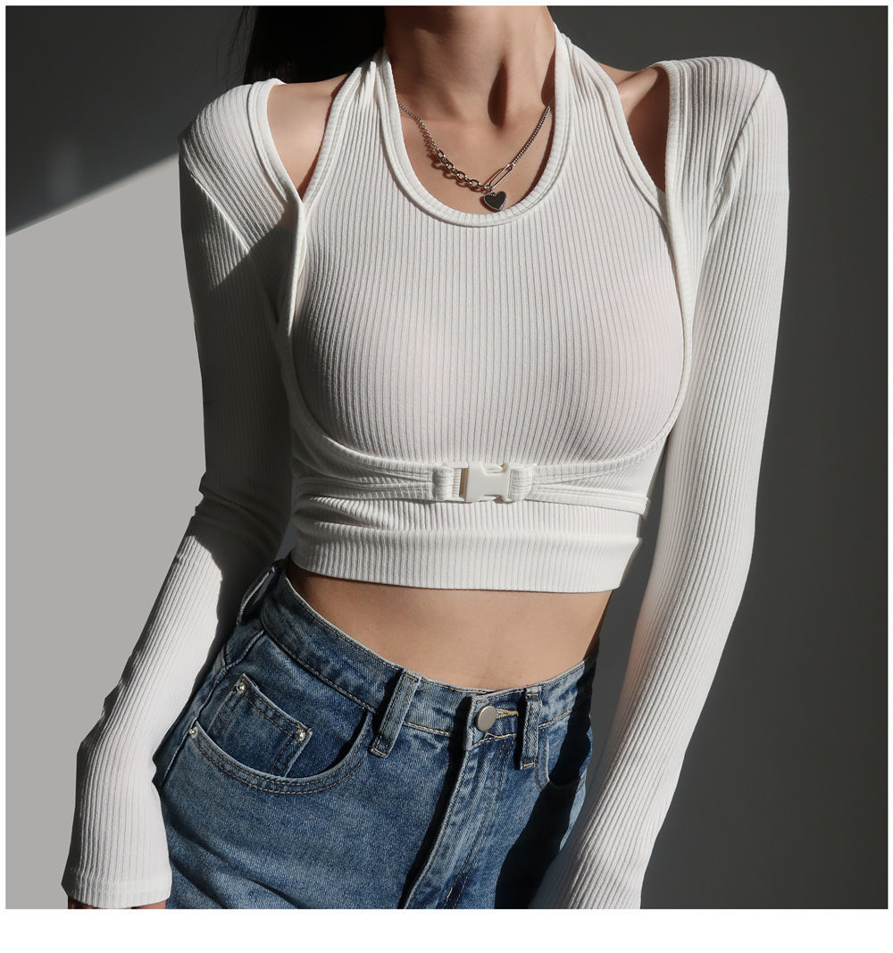 Fake Two Piece Halterneck Knitted Tops Women Tops Long Sleeved T-shirt Female