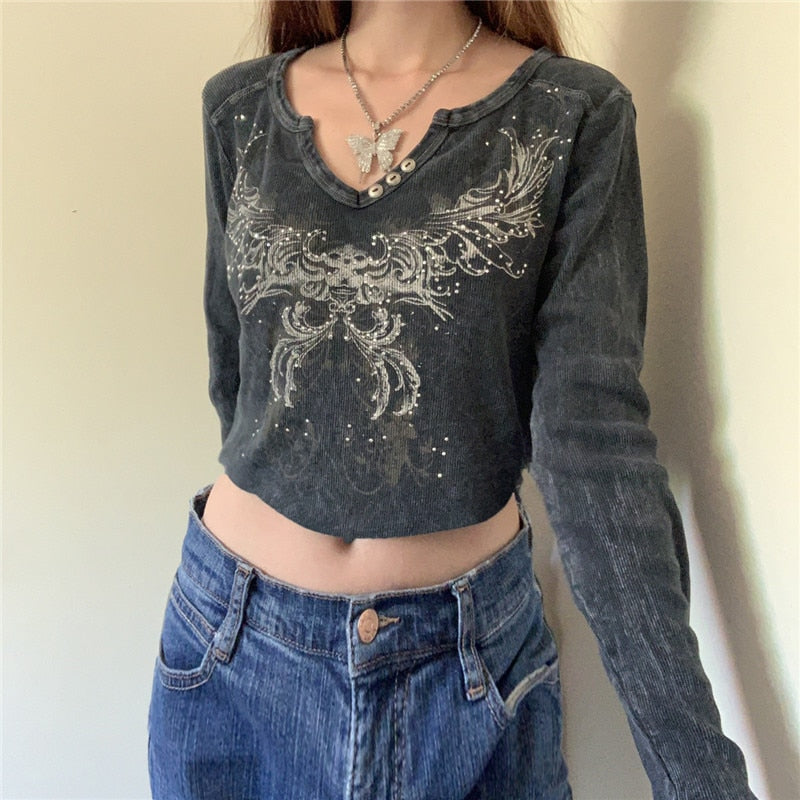 Magliette con stampa grafica retrò Crop Abbigliamento Harajuku Grunge Fairycore