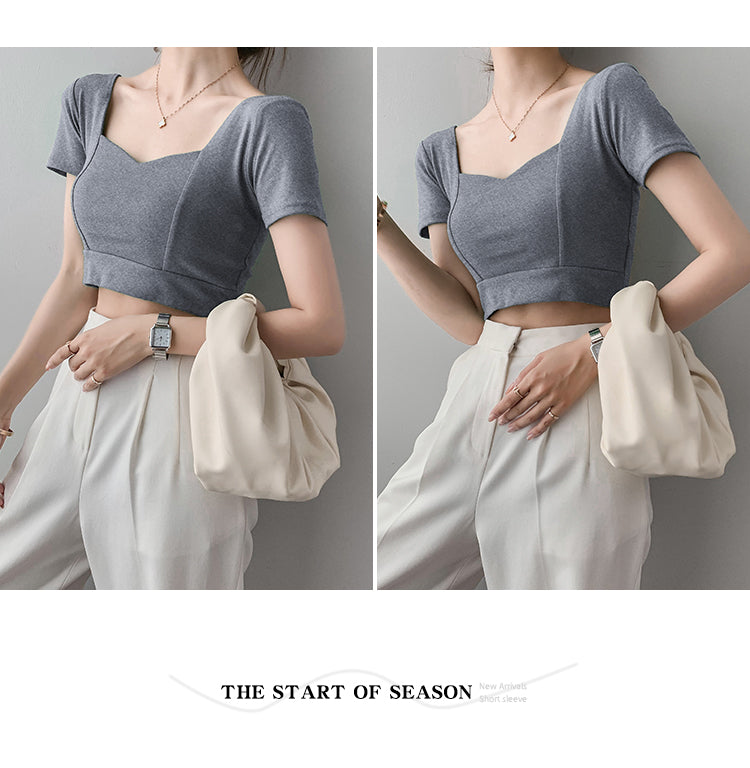 French Clavicle Square Collar Tops Women High Waist Croped Top Short Sleeve T-shirt Female