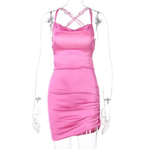 Satin Women Strap Mini Dress Ruched Lace Up Cross Bandage Backless Bodycon Sexy Party Elegant