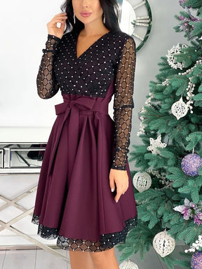 Shiny Sequin Diamond Mesh Stitching Dress Women Spring Autumn Sheer Long Sleeve Belted Slim A Line Dresses