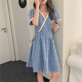 Women Summer V Neck Jacquard Floral Long Dress High Waist Short Sleeve Exquisite Midi Dresses