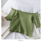 Women Off Shoulder T-shirts Knitted Ruffles Hem Crop Tops Short Sleeve T-shirts