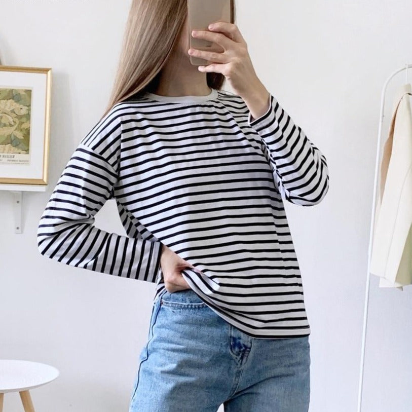 Women Striped Long Sleeve T-shirts Female Streetwear Autumn Spring Cotton Tees Tops