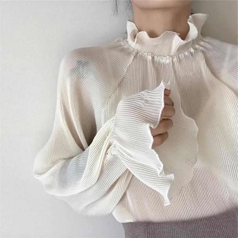 Chiffon Shirts Retro Elegant Ruffled Collar Lace Bottoming Shirt Women Lantern Sleeve Tops