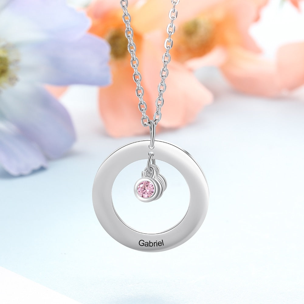 Circle Necklace with 1-3 Birthstones Custom Round Pendant Name Necklace