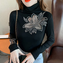 Women's Tops Shirt Casual Turtleneck Long Sleeve Hollow Out Hot Drilling Mesh T-Shirt