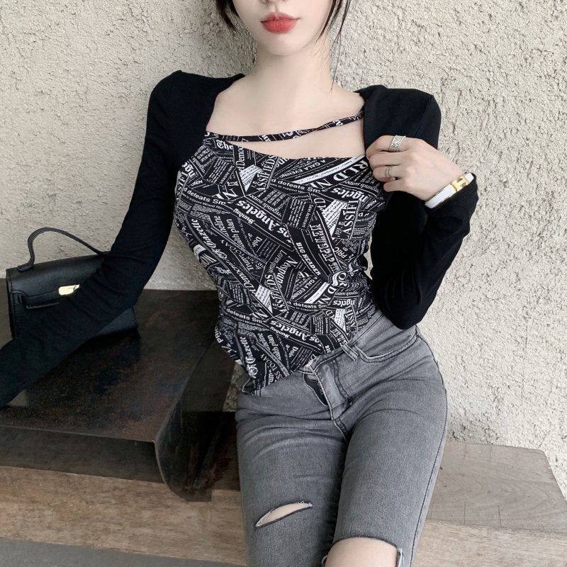 Letter Printed T-shirt Women Fake Two-piece Sexy Slim Long Sleeved Tops Female Cropped Tops