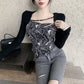 Letter Printed T-shirt Women Fake Two-piece Sexy Slim Long Sleeved Tops Female Cropped Tops