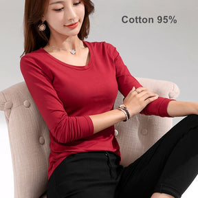 T-shirt Slim Pure Cotton 95% Women T-shirt Long-sleeved for Female Thin Tops Woman Tees Shirt