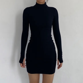 Spring Autumn Fashion Turtleneck Skinny Mini Dress Women Rib Knit Keep Warm Long Sleeve Dress