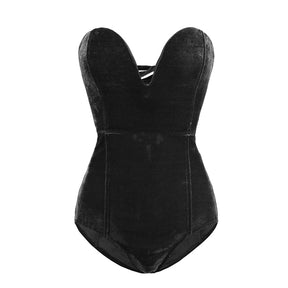 Strapless Velvet Sexy Bodysuit Women Sweetheart Bodycon Backless Lace Up Body V Neck Bodysuits