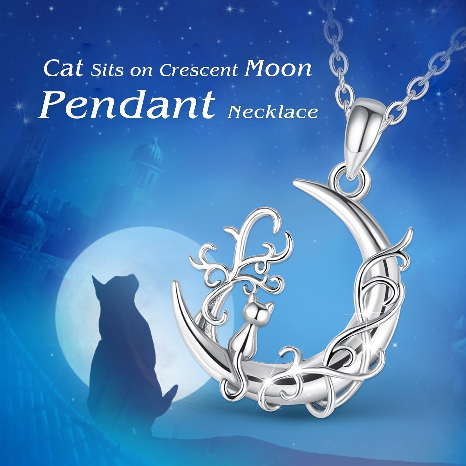 Cat tree of Life Pendant Necklace Cat Sit on Moon Necklace Woman Charm Jewelry