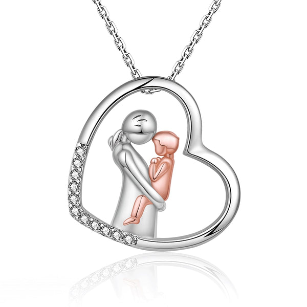 Mom Hugged Child Heart Zircon Pendant Necklace 925 Sterling Silver Rose Gold Baby Chain For Women Fine Jewelry Mother's Day Gift
