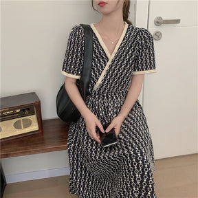 Women Summer V Neck Jacquard Floral Long Dress High Waist Short Sleeve Exquisite Midi Dresses