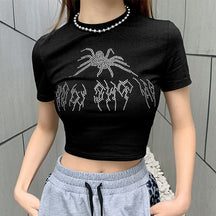 Punk Vintage Rhinestone Spider Goth Graphic T Shirt Women Y2k Style Crop Top O-neck Tshirt