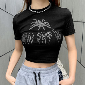 Punk Vintage Strass Spinne Goth Grafik T Shirt Frauen Y2k Stil Crop Top Oansatz T-Shirt